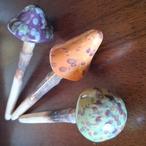 Handcrafted Ceramic Mushroom Garden Stakes - Multicolor Set Of 3